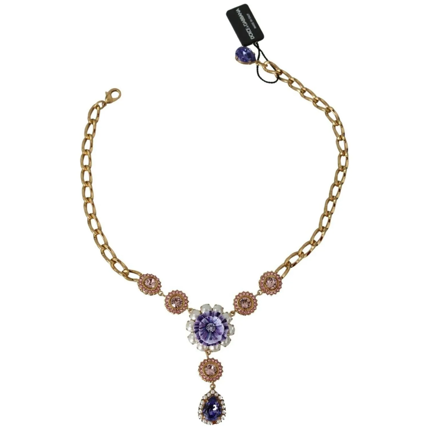 Dolce & Gabbana Elegant Gold Crystal Floral Charm Necklace