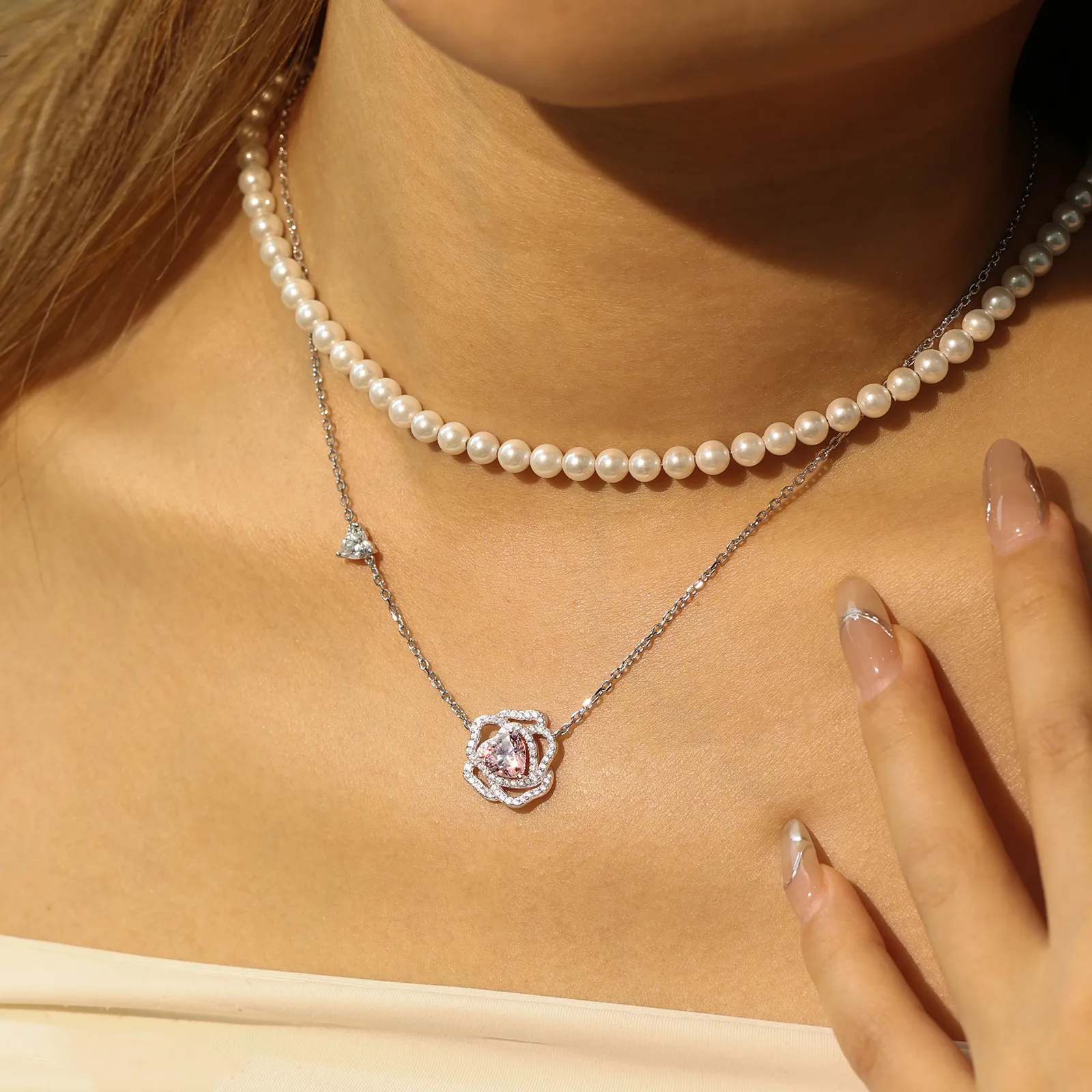 FANCIME "Rose Amour" Sterling Silver Pearl Double Layer Necklace