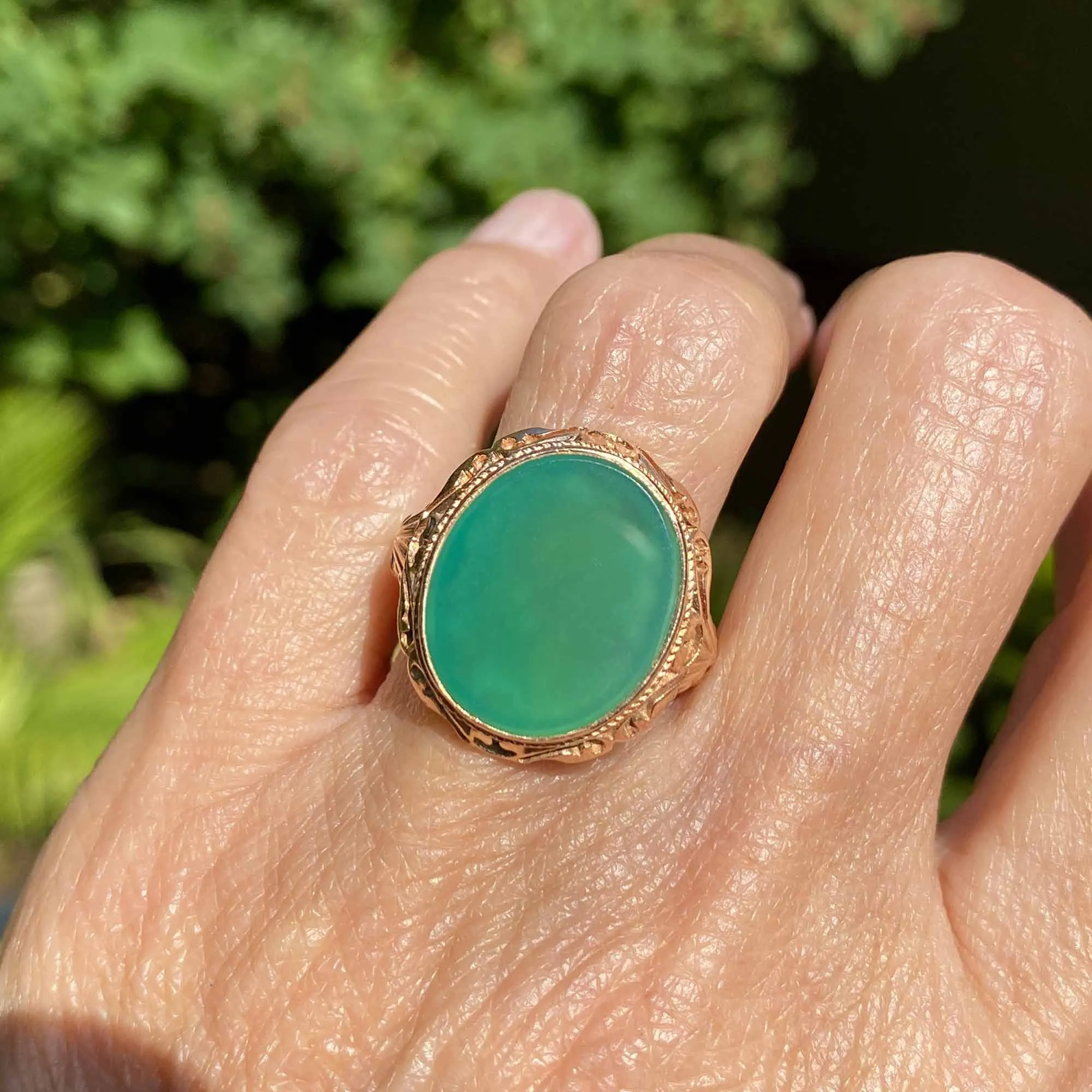 Final Payment Bold 14K Gold Cabochon Green Chrysoprase Ring