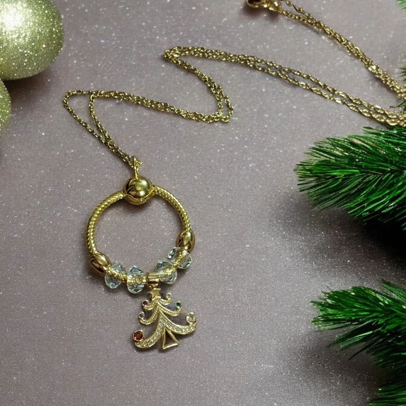 Gold Christmas Tree Charm Keeper Necklace, Approx. 26 inches