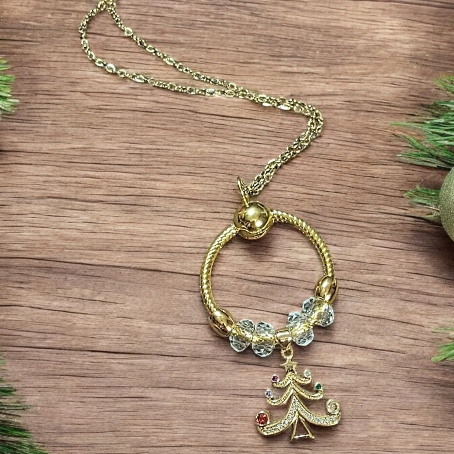 Gold Christmas Tree Charm Keeper Necklace, Approx. 26 inches