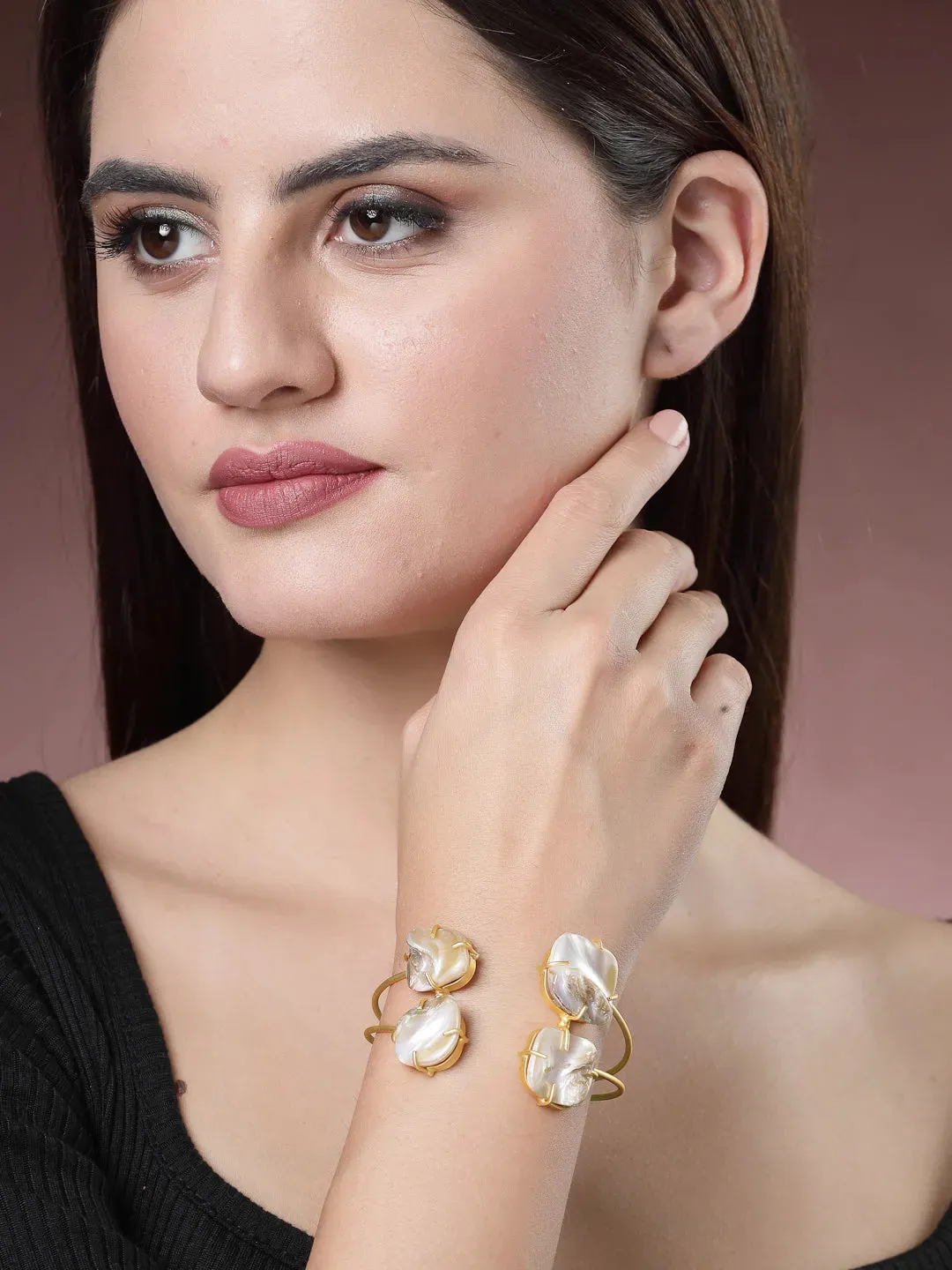 Gold-Plated Mother of Pearl Handcrafted Cuff Bracelet