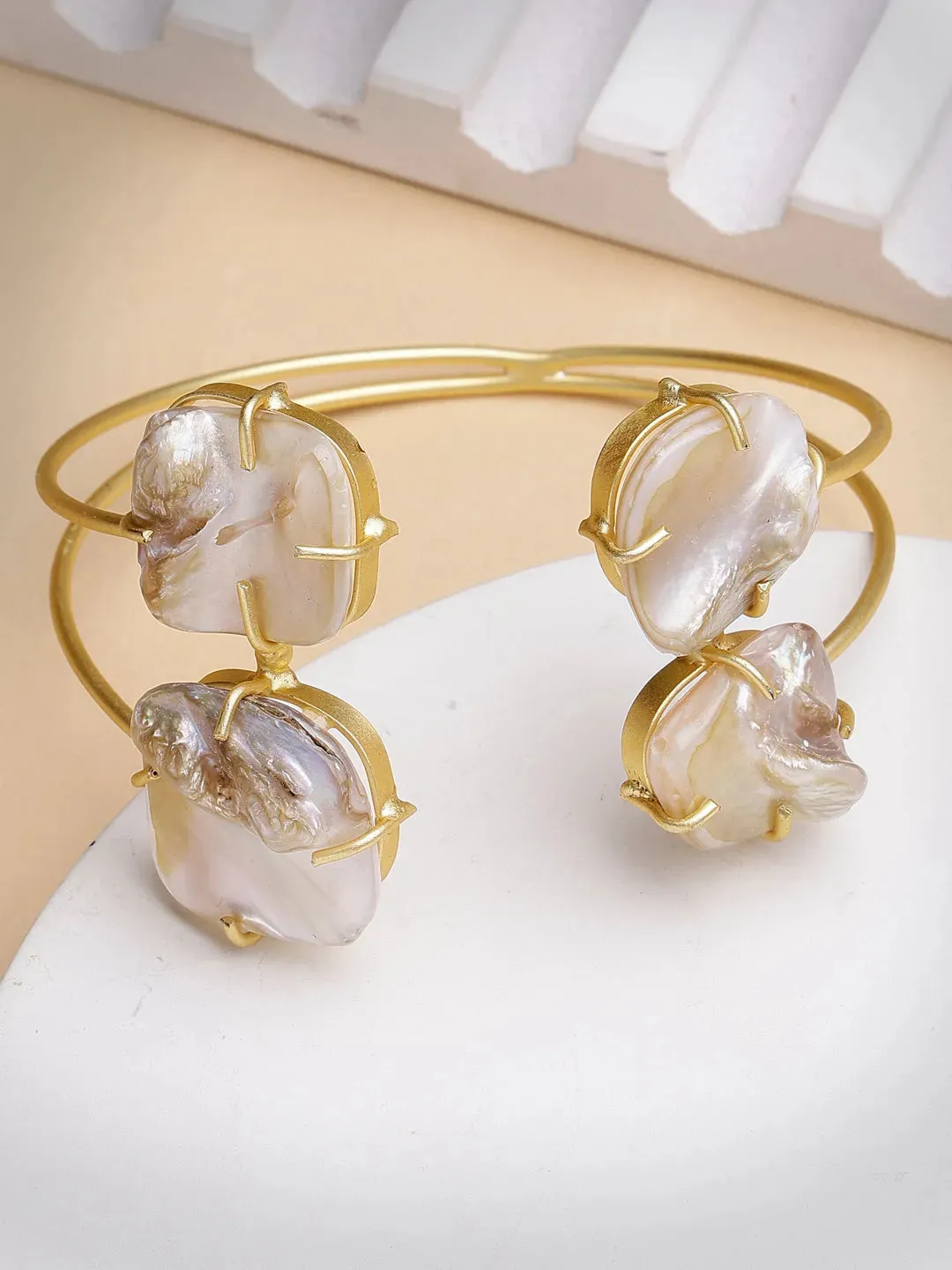 Gold-Plated Mother of Pearl Handcrafted Cuff Bracelet