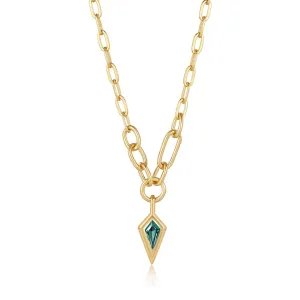 Gold Teal Sparkle Drop Pendant Chunky Chain Necklace