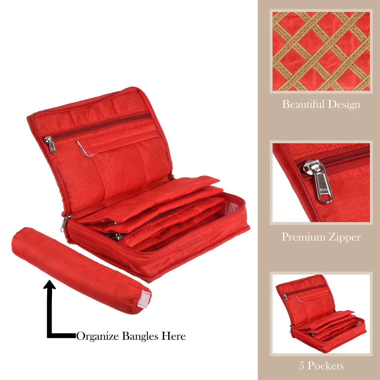 Kuber Industries Jewellery Kit with Bangle Roll | Polyester Gota Lace Check Design Vanity Organizer | 4 Transparent Pouch & 1 Compartment Cosmatic Kit | Pack of 2 | Red