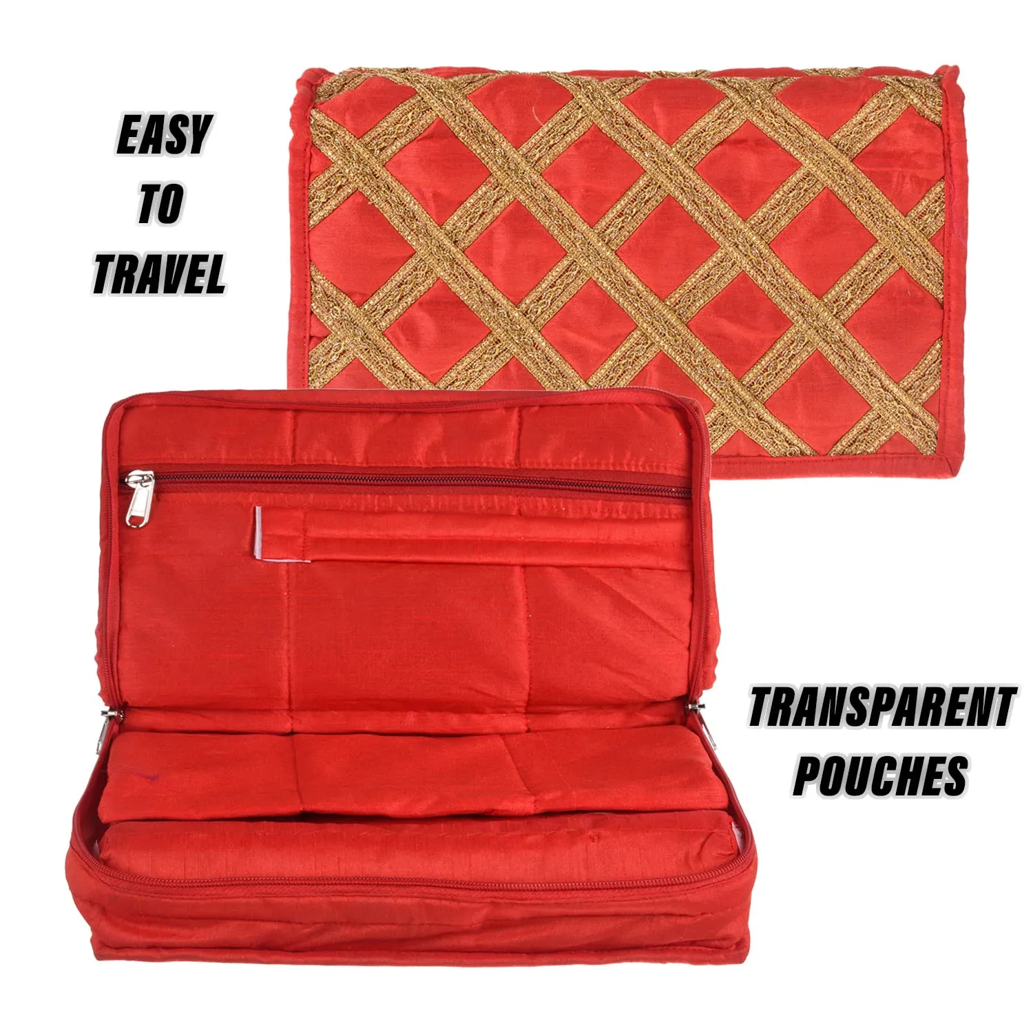 Kuber Industries Jewellery Kit with Bangle Roll | Polyester Gota Lace Check Design Vanity Organizer | 4 Transparent Pouch & 1 Compartment Cosmatic Kit | Pack of 2 | Red