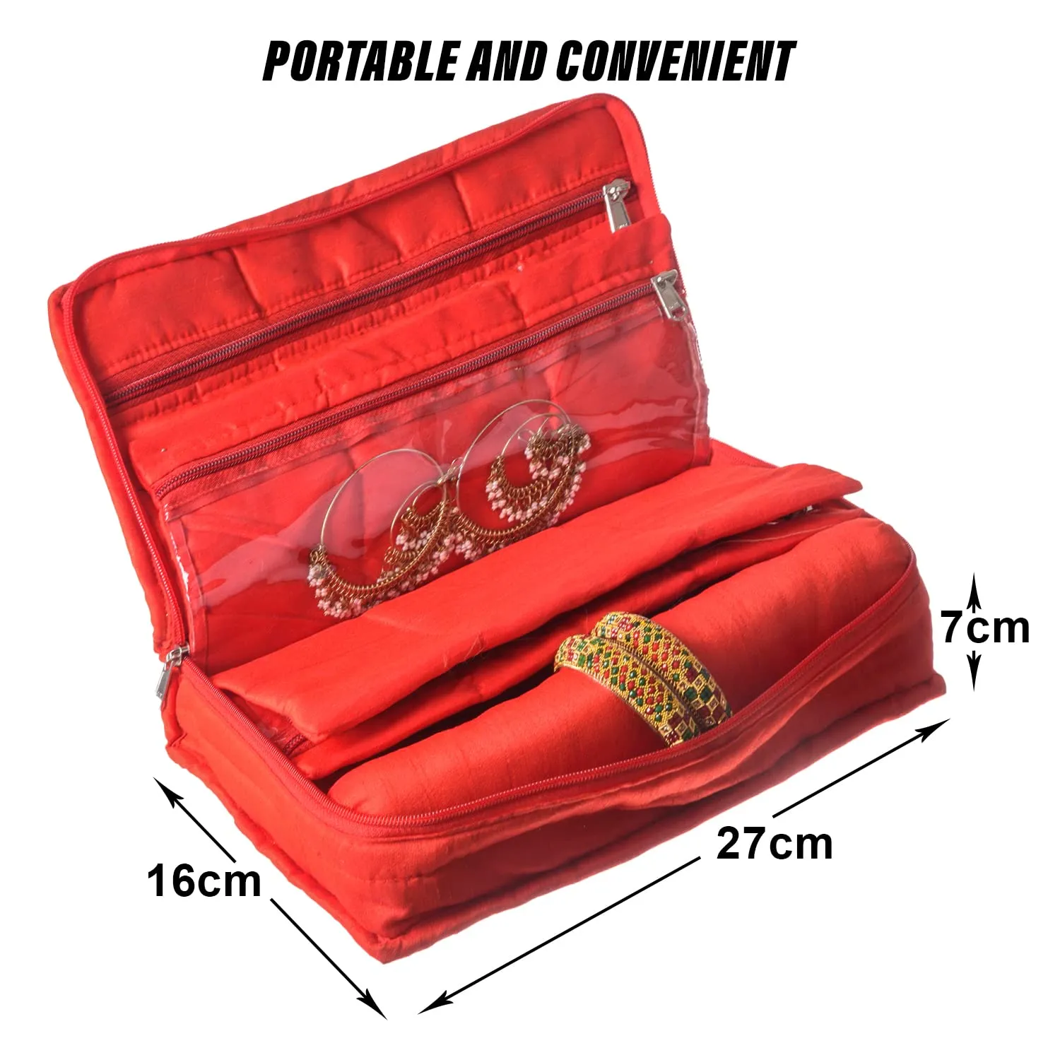 Kuber Industries Jewellery Kit with Bangle Roll | Polyester Gota Lace Check Design Vanity Organizer | 4 Transparent Pouch & 1 Compartment Cosmatic Kit | Pack of 2 | Red