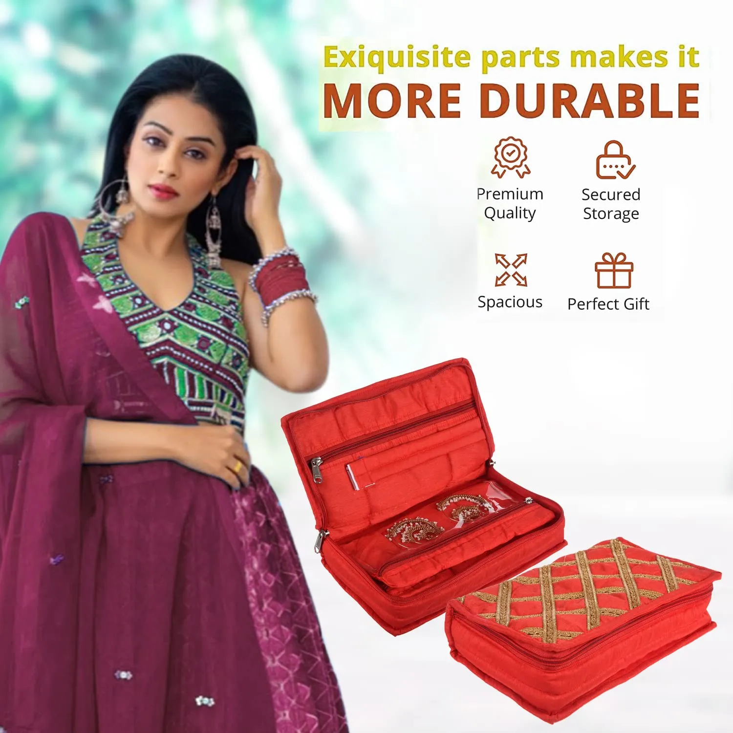 Kuber Industries Jewellery Kit with Bangle Roll | Polyester Gota Lace Check Design Vanity Organizer | 4 Transparent Pouch & 1 Compartment Cosmatic Kit | Pack of 2 | Red