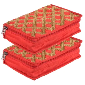 Kuber Industries Jewellery Kit with Bangle Roll | Polyester Gota Lace Check Design Vanity Organizer | 4 Transparent Pouch & 1 Compartment Cosmatic Kit | Pack of 2 | Red