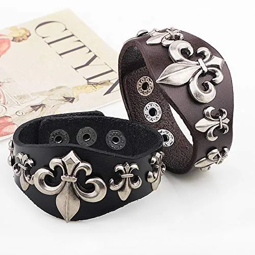 Marshal Black Mens Leather Bracelet Fleur de Lis Bangle Wristband Cuff Bracelets Team Adjustable Snap Button Closure