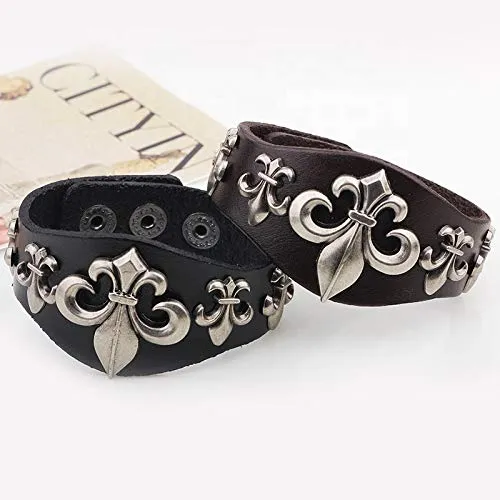 Marshal Black Mens Leather Bracelet Fleur de Lis Bangle Wristband Cuff Bracelets Team Adjustable Snap Button Closure