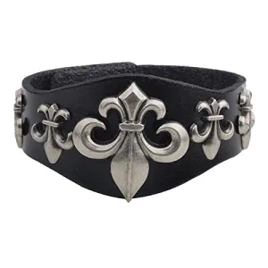 Marshal Black Mens Leather Bracelet Fleur de Lis Bangle Wristband Cuff Bracelets Team Adjustable Snap Button Closure