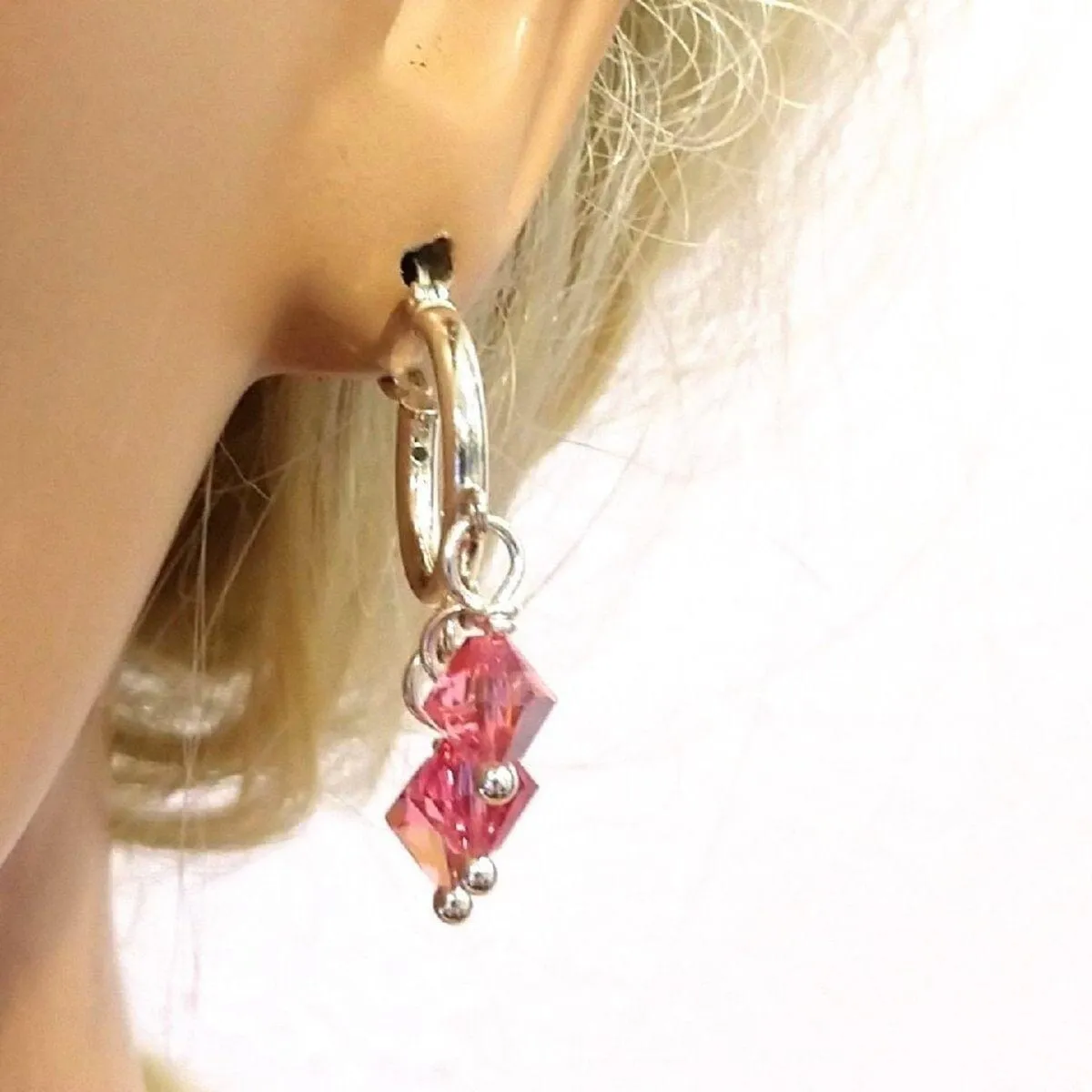 Mini Sterling Silver Hoop Pink Crystal Dangle Earrings