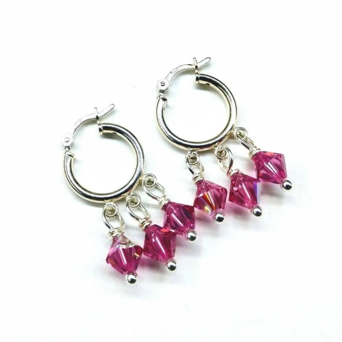 Mini Sterling Silver Hoop Pink Crystal Dangle Earrings