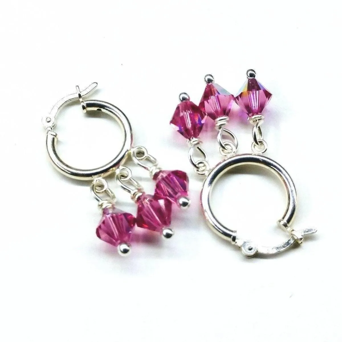 Mini Sterling Silver Hoop Pink Crystal Dangle Earrings