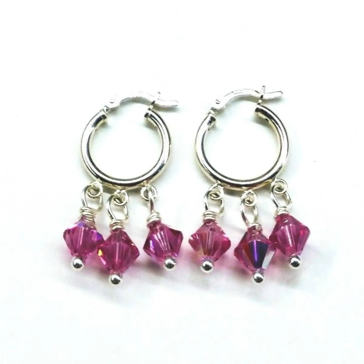 Mini Sterling Silver Hoop Pink Crystal Dangle Earrings