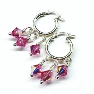 Mini Sterling Silver Hoop Pink Crystal Dangle Earrings