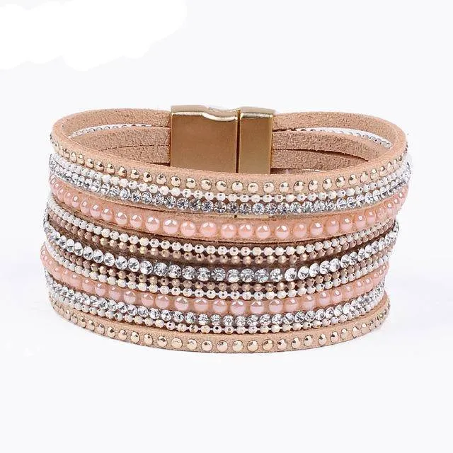 natural crystal bracelet luxury exclusive design genuine leather statement bangles for women with magic closure jewelry