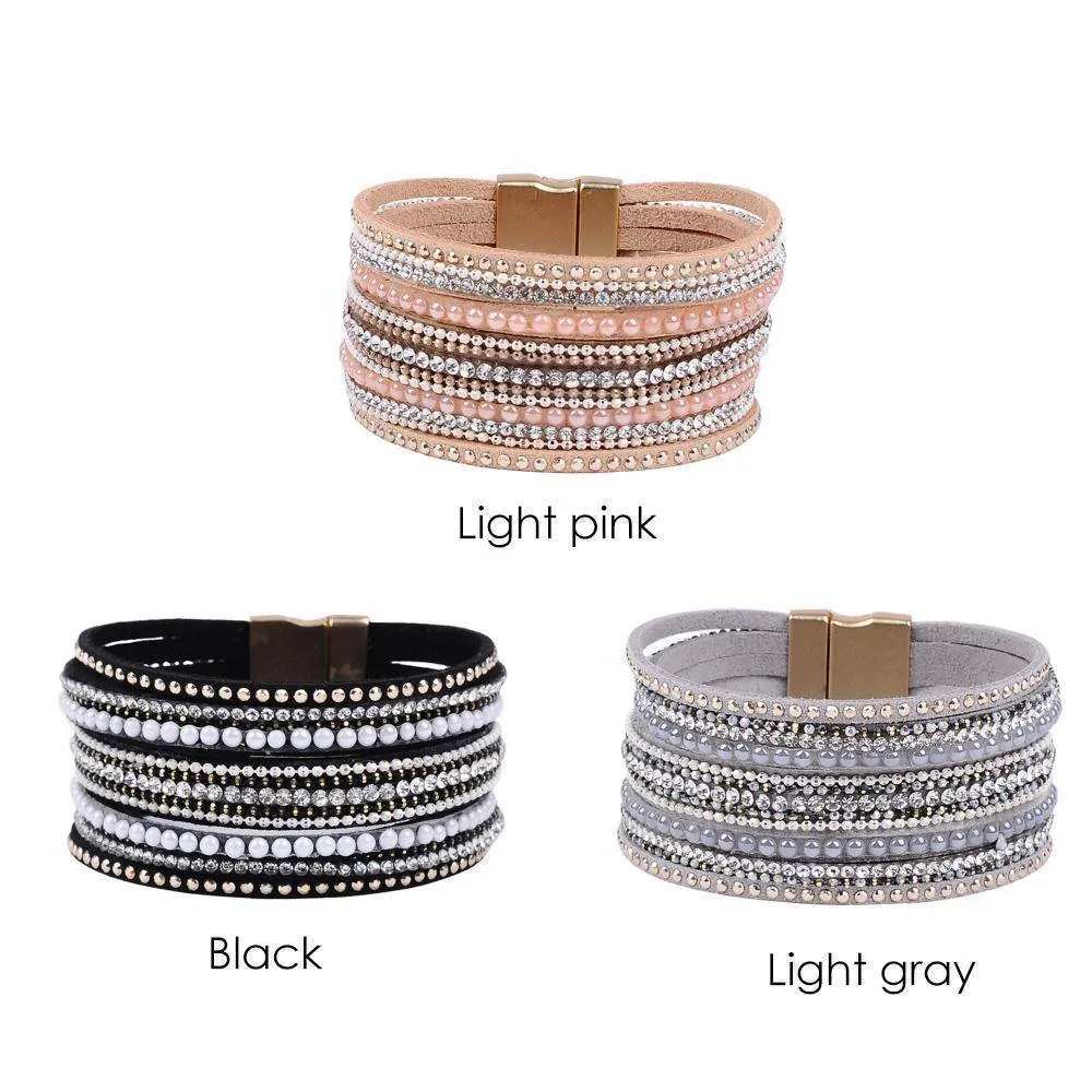 natural crystal bracelet luxury exclusive design genuine leather statement bangles for women with magic closure jewelry