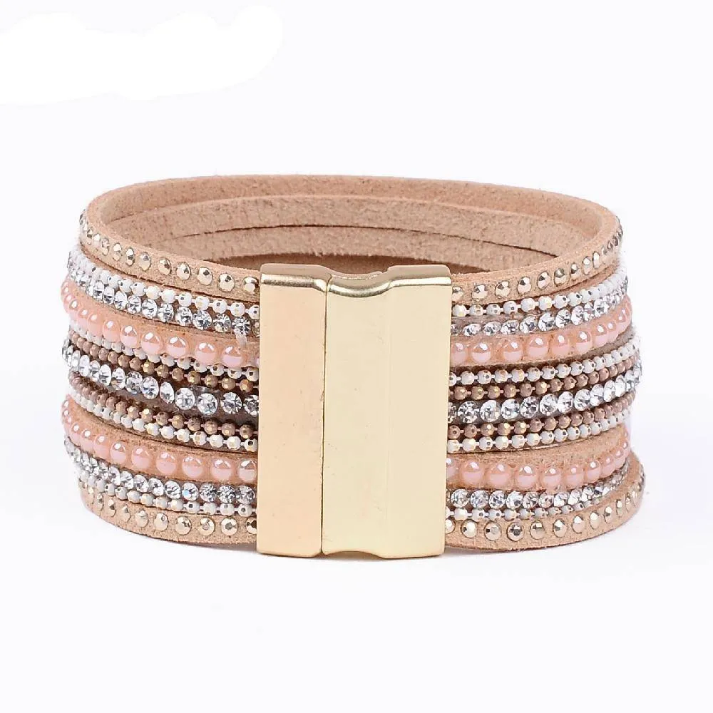 natural crystal bracelet luxury exclusive design genuine leather statement bangles for women with magic closure jewelry