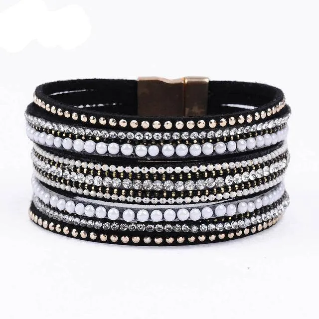 natural crystal bracelet luxury exclusive design genuine leather statement bangles for women with magic closure jewelry