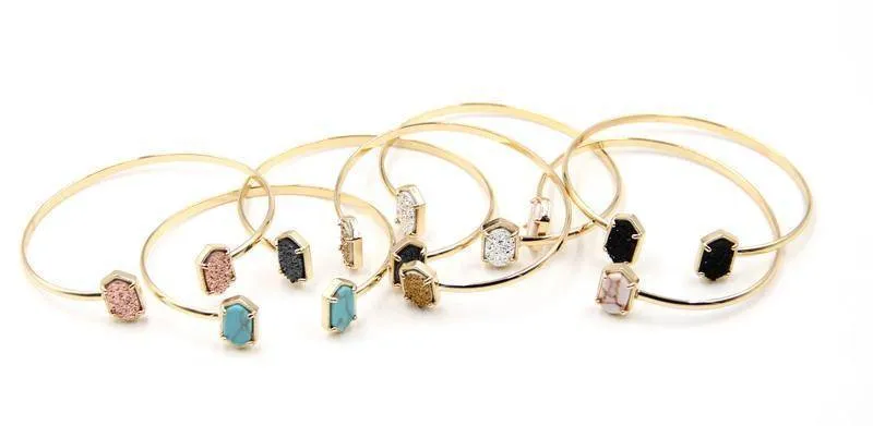 New Cute Oval Quartz Copper Bangles White and Blue green Stone Resin Druzy Cuff Bangles for Women