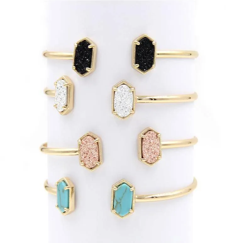 New Cute Oval Quartz Copper Bangles White and Blue green Stone Resin Druzy Cuff Bangles for Women