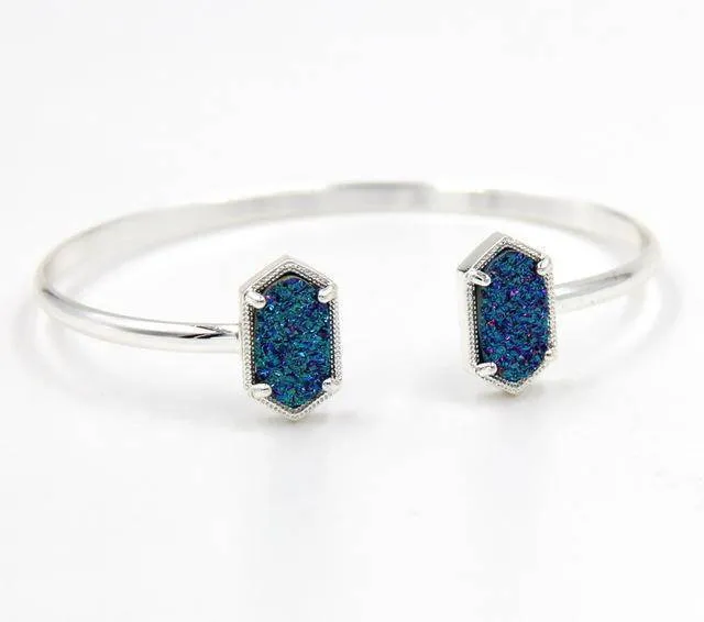 New Cute Oval Quartz Copper Bangles White and Blue green Stone Resin Druzy Cuff Bangles for Women