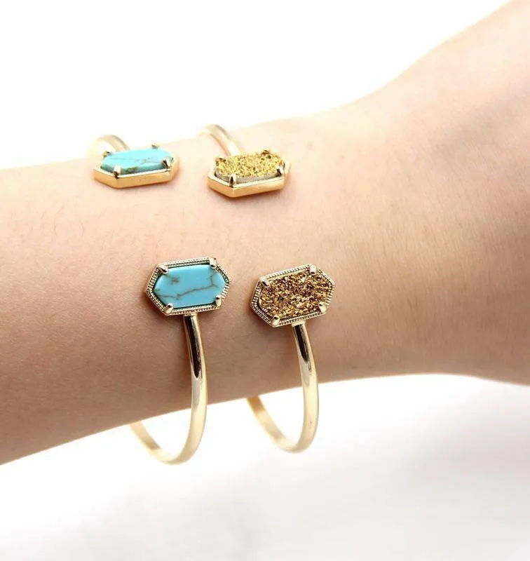 New Cute Oval Quartz Copper Bangles White and Blue green Stone Resin Druzy Cuff Bangles for Women