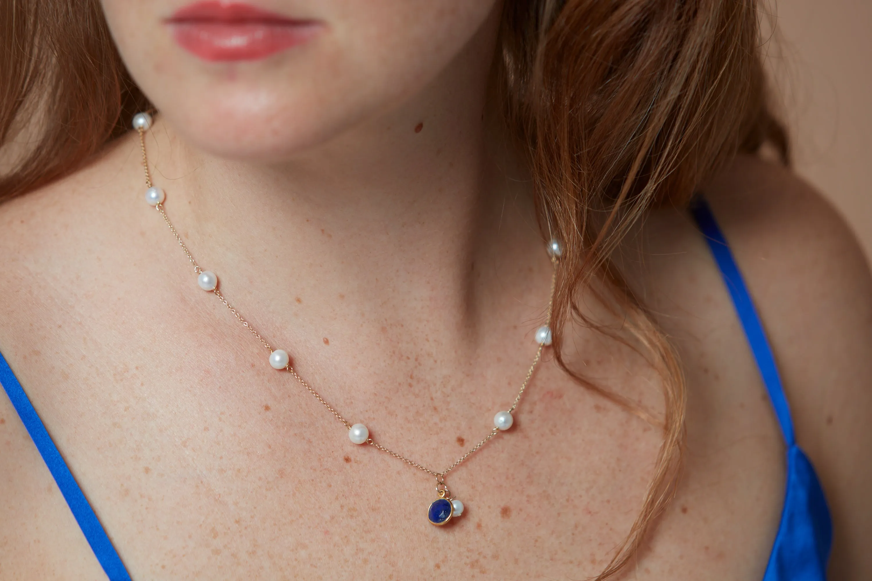 Nova fine chain necklace with cultured freshwater pearls & lapis lazuli drop