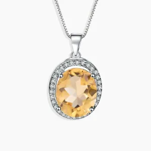 Oval Shape Citrine Necklace with Halo in Silver - November Birthstone