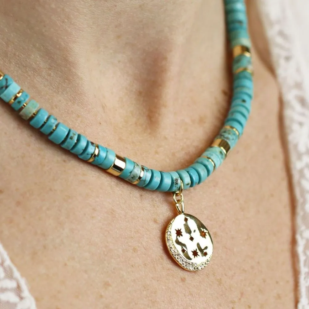 POM Turquoise Bead Necklace With Golden Star Disc Pendant