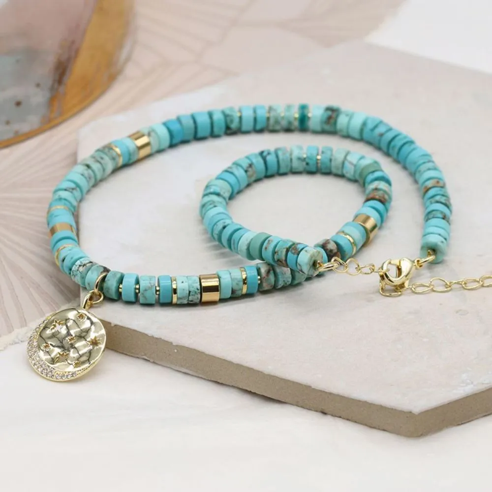 POM Turquoise Bead Necklace With Golden Star Disc Pendant