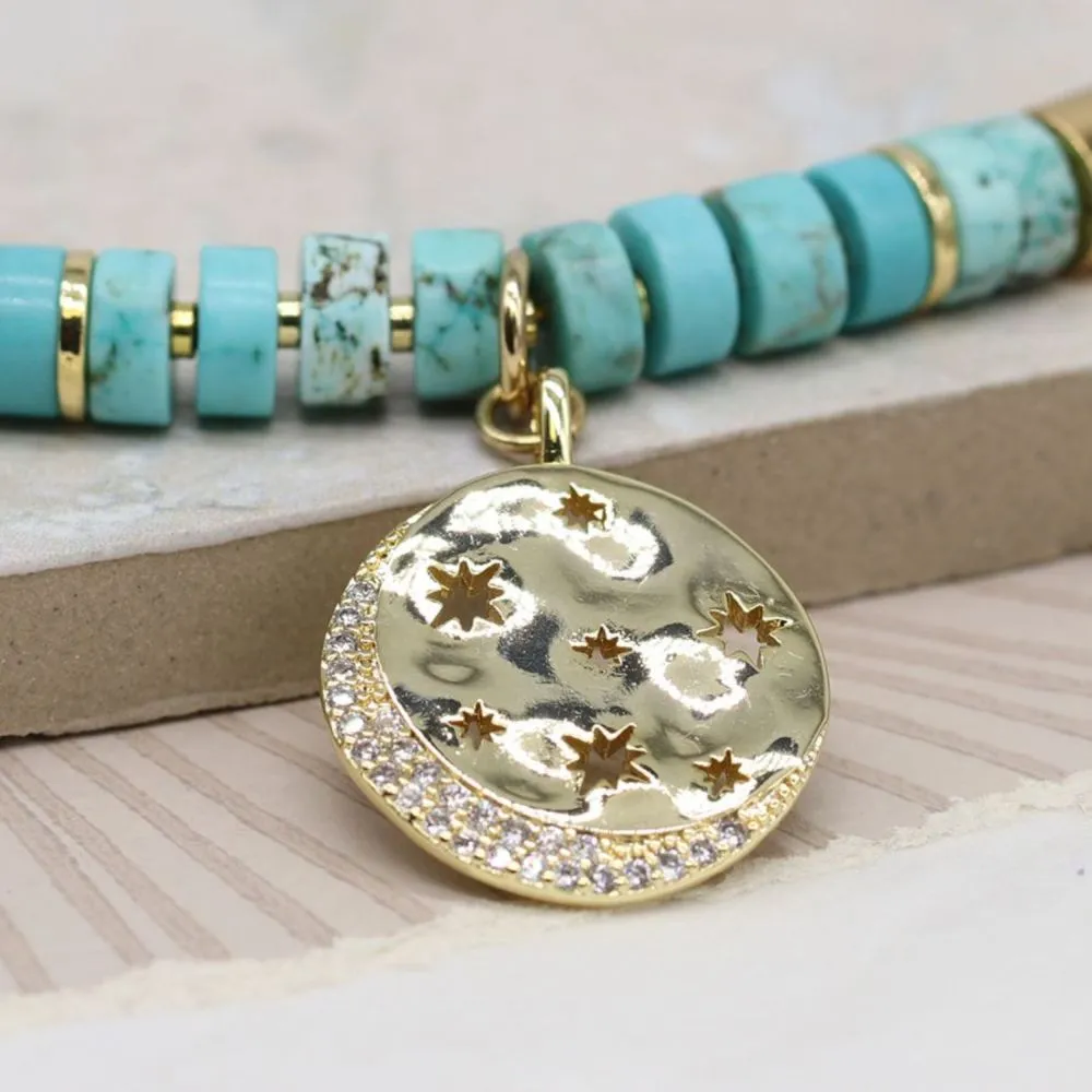 POM Turquoise Bead Necklace With Golden Star Disc Pendant