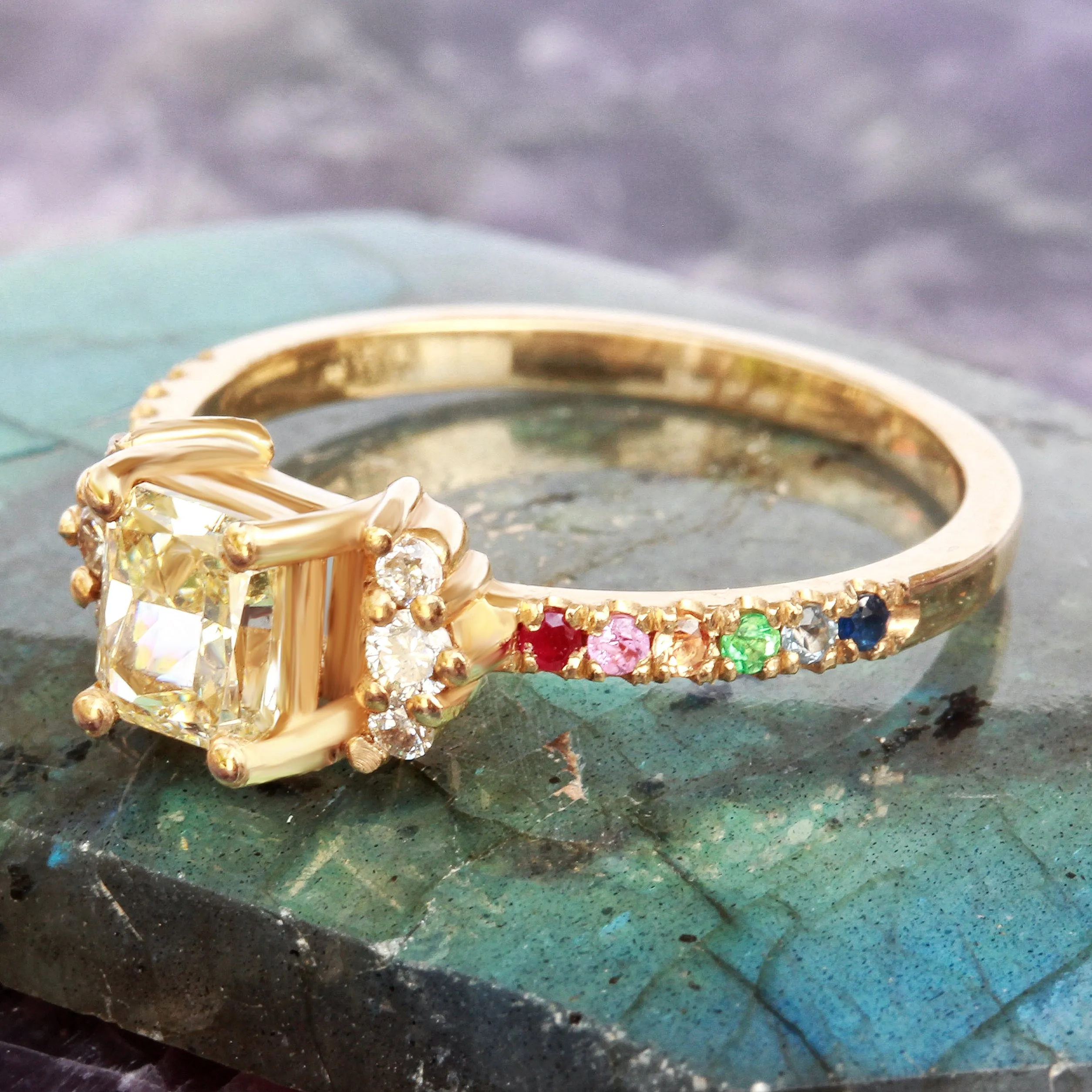 Princess yellow diamond rainbow engagement ring, Parvati ♥