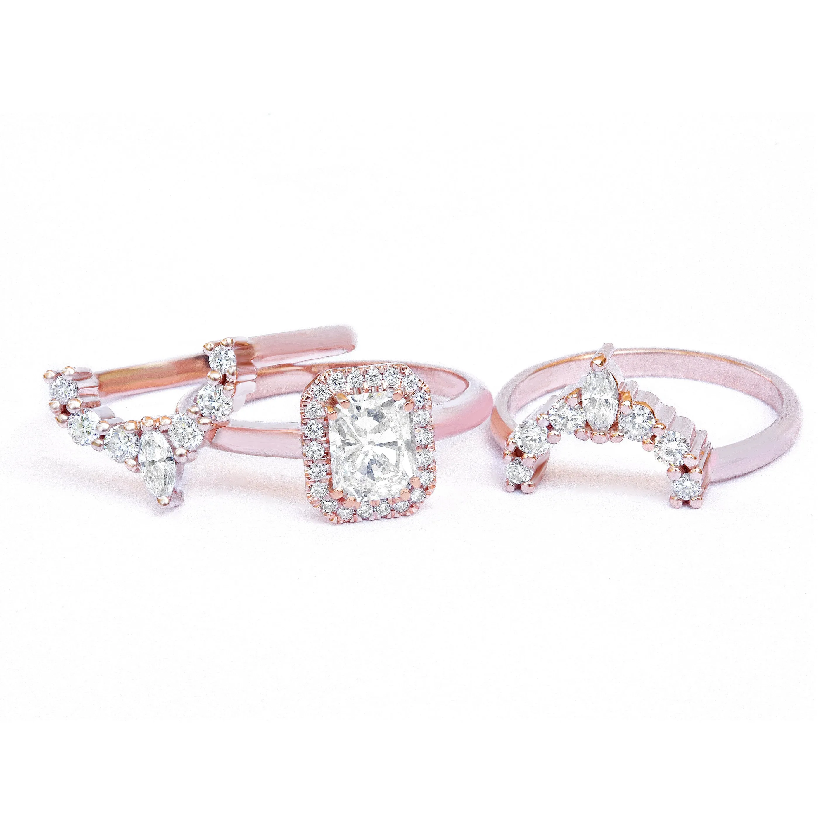 Radiant Cut Halo Diamond Three Rings Wedding Set - "Radiant soul"