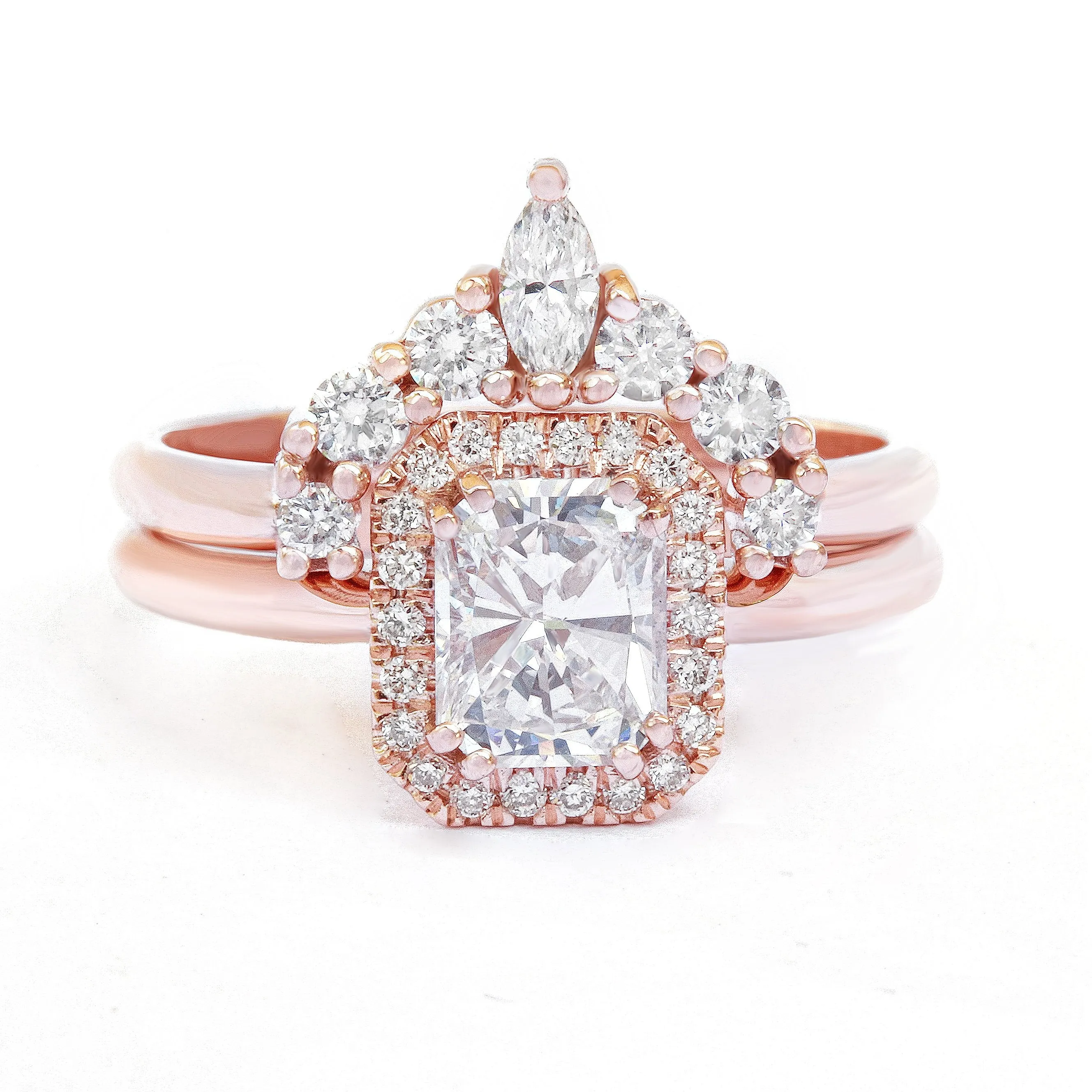 Radiant Cut Halo Diamond Three Rings Wedding Set - "Radiant soul"