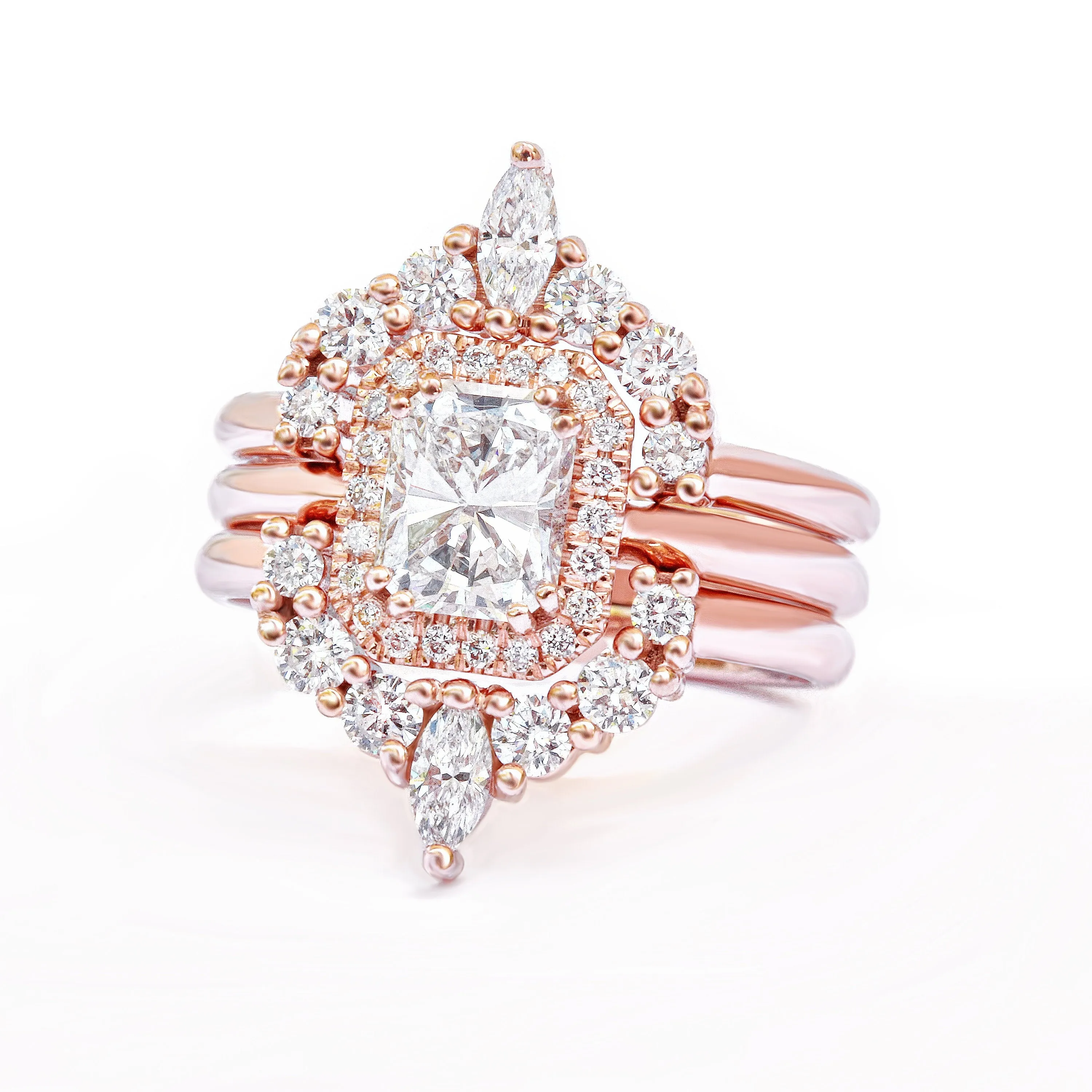 Radiant Cut Halo Diamond Three Rings Wedding Set - "Radiant soul"