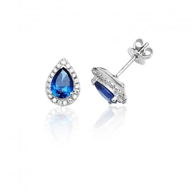 Silver & Co Halo Pear-Shaped Blue CZ Stud Earrings SEG0015SA