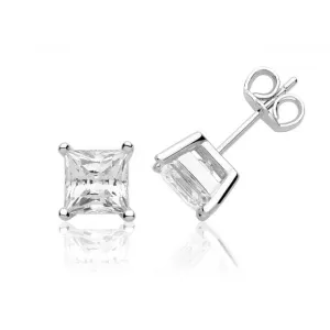 Silver & Co Single Stone Princess Cut Silver Earrings with Claw Setting SEG0097