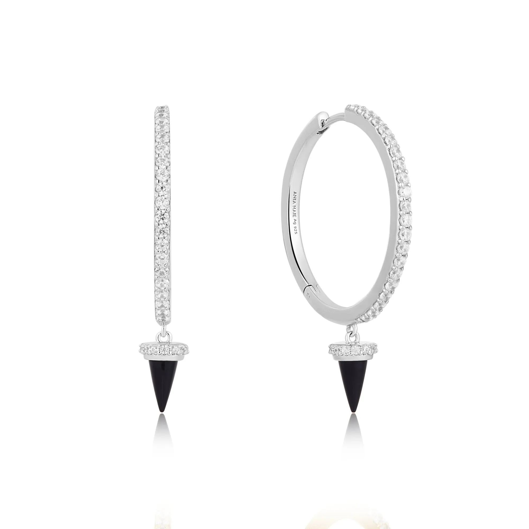 Silver Black Agate Drop Hoop Earrings