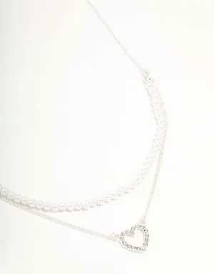 Silver Pearl & Diamante Heart Layered Necklace