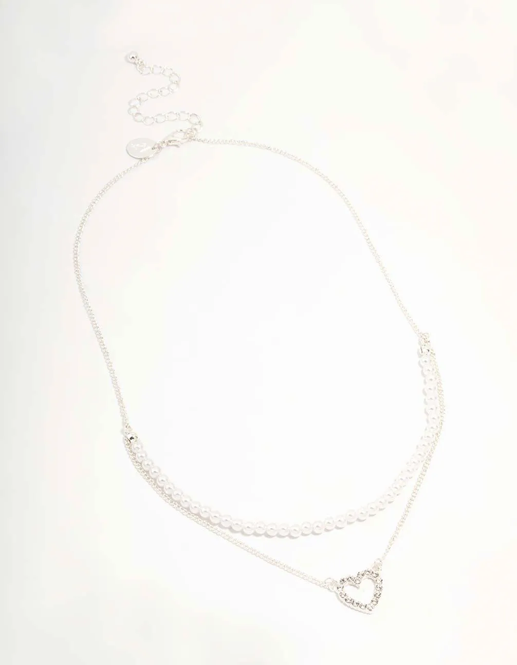 Silver Pearl & Diamante Heart Layered Necklace