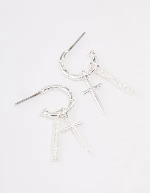 Silver Plated Cross Diamante Bar Hoop Earrings