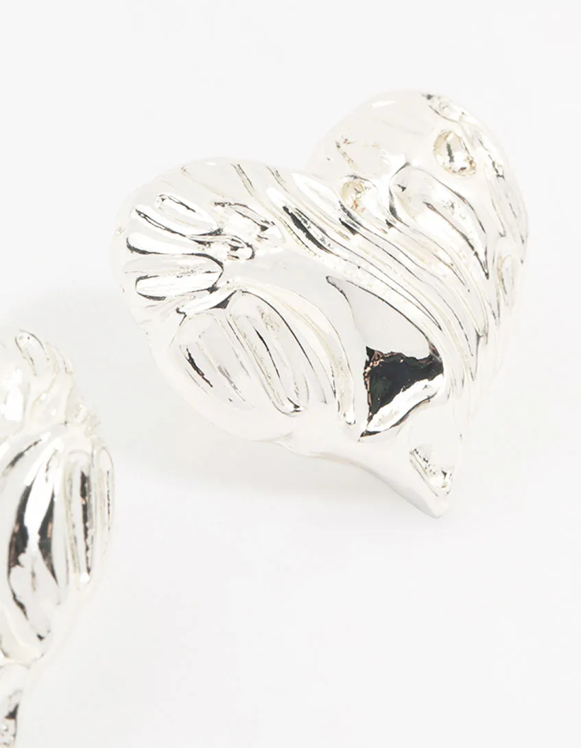 Silver Plated Textured Heart Stud Earrings