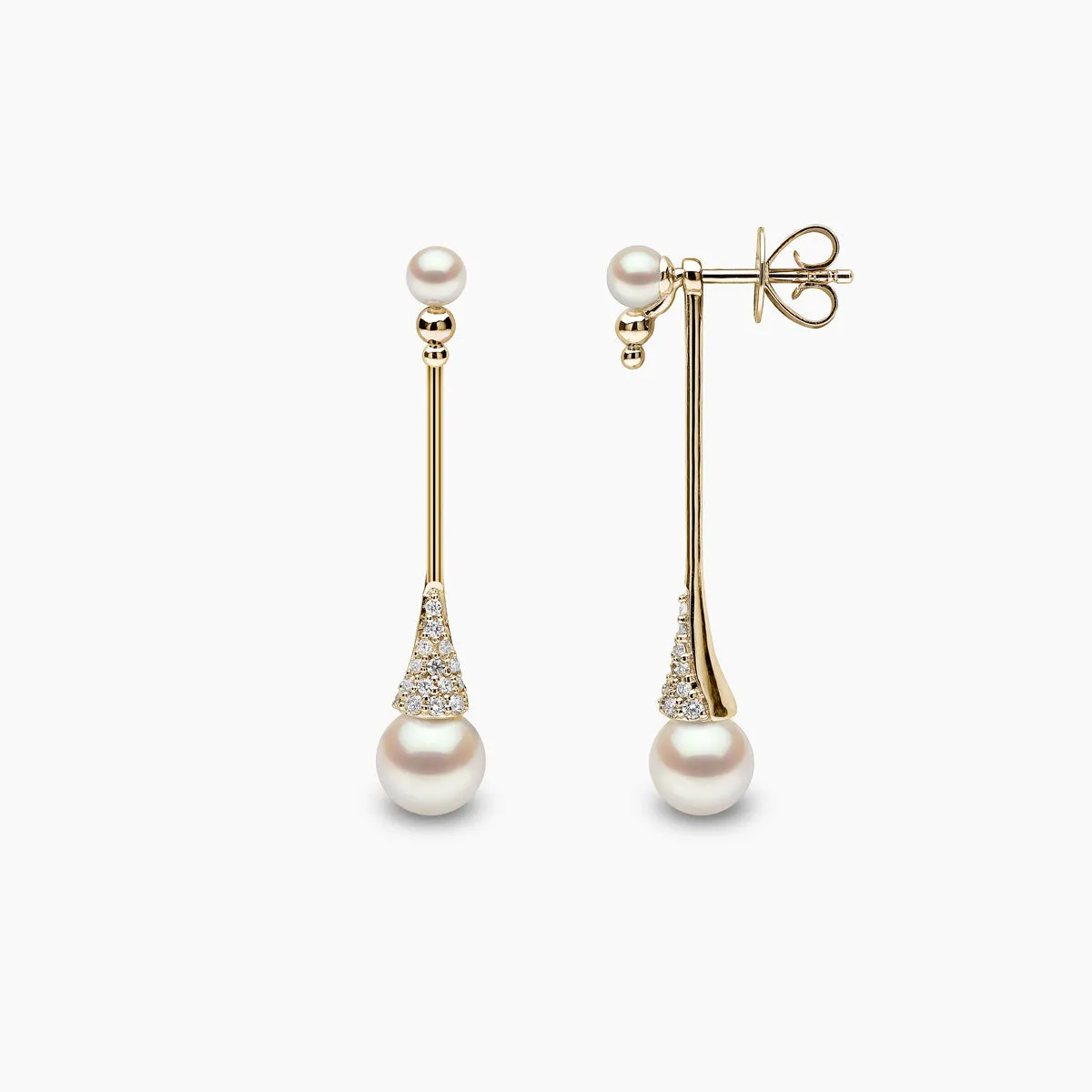 Sleek 18K Gold Double Pearl and Diamond Earrings