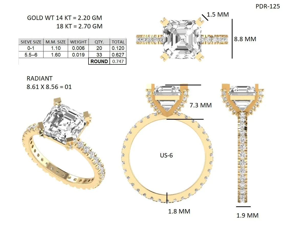 Square Radiant Cut Diamond Engagement Rings, Lab Grown