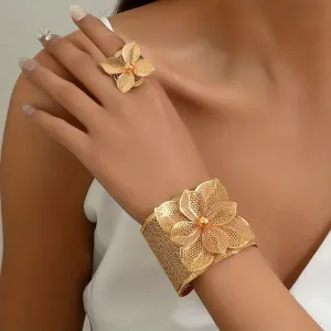 Vintage 24k Golden Gold-Plated Flower Bangle and Ring