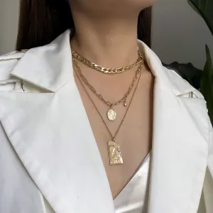 Vintage Punk Multi Layered Women's Pearl Necklaces Fashion Long Geometric Portait Pendant Necklace