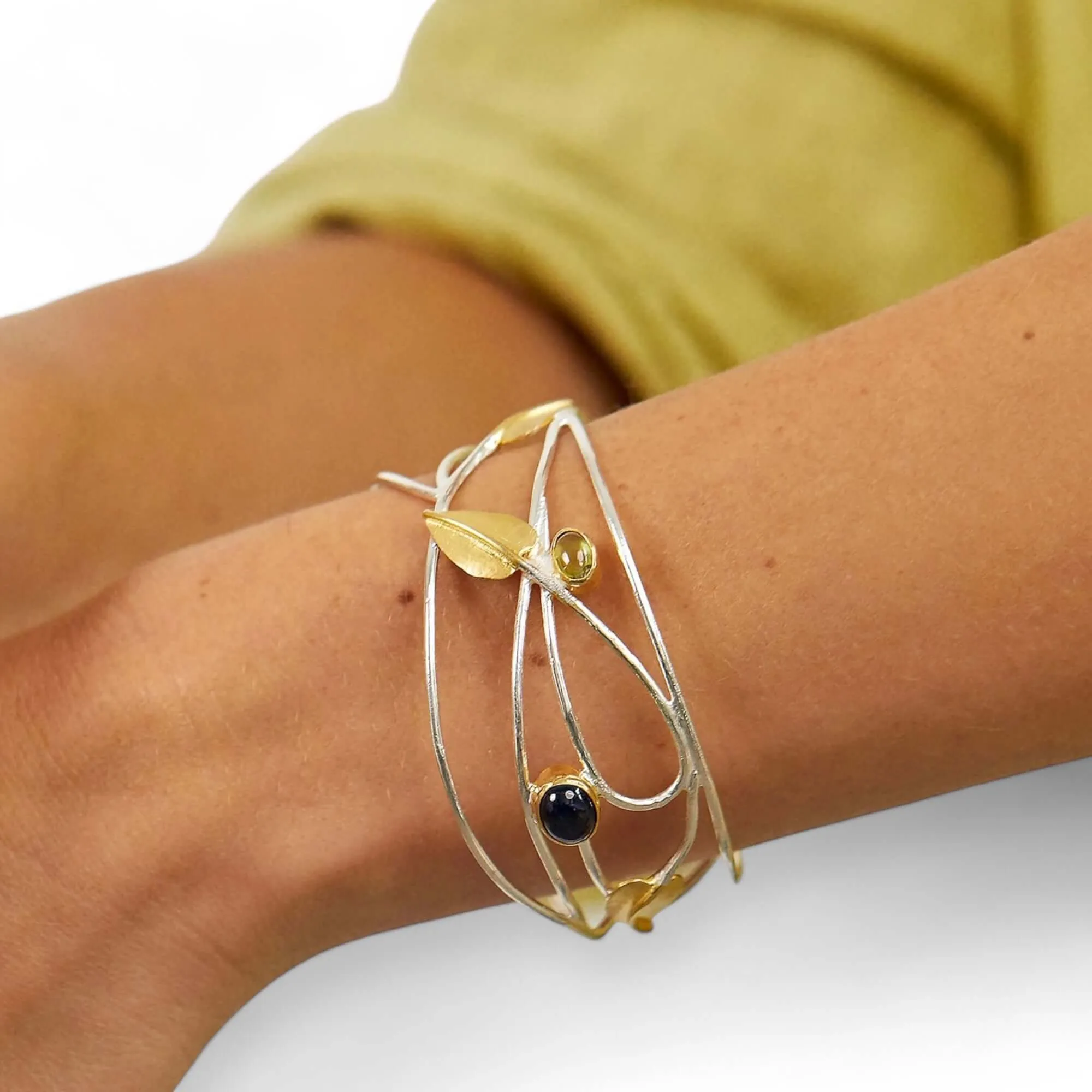 Willowwood - Art Nouveau Inspired Iolite and Peridot Cuff Bangle